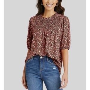 Knox Rose Floral Smocked Peasant Blouse XL Puff Sleeve Boho Cottagecore